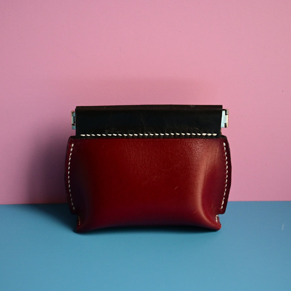 Hand-Stitched Two-Tone Leather Pouch - Black & Burgundy - Image 3
